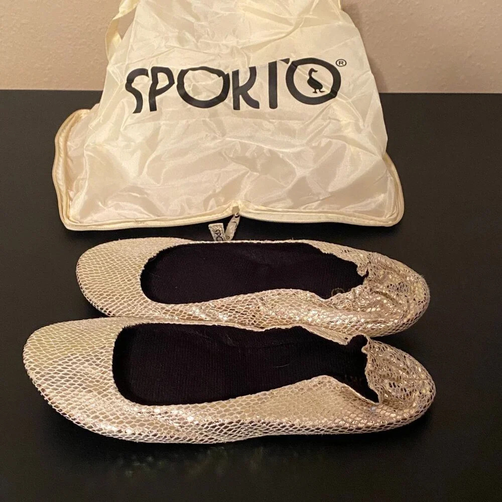 SPORTO Gold Foldable Ballet Flats Sz 9-10.5 Large with Gold Carry Bag